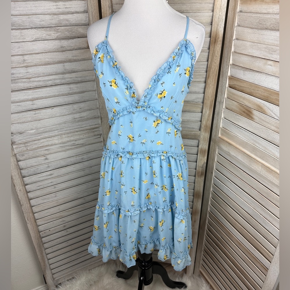 J for Justify Blue Yellow Floral Print Whimsical Floaty Strappy Sundress Size M